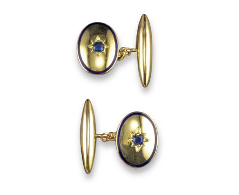 A pair of sapphire-set 18ct gold cufflinks, each oval link centred with a circular-cut sapphire within a border of blue ename