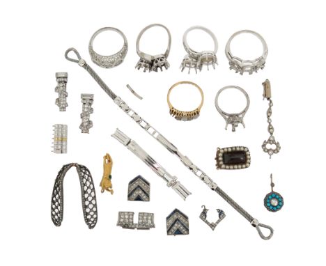 A mixed group of jewellery including a pair of diamond-set insect wings, two vacant two-stone crossover rings set with should