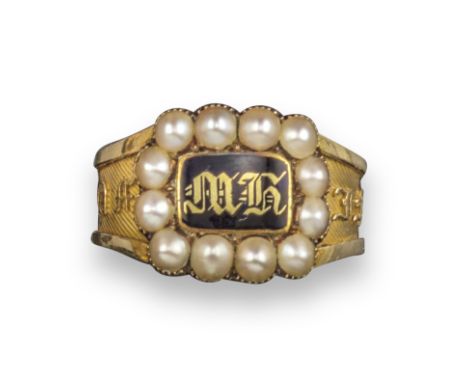 A Victorian gold and enamel mourning ring, the central enamel plaque with the letter MR within seed pearl surround, on yellow