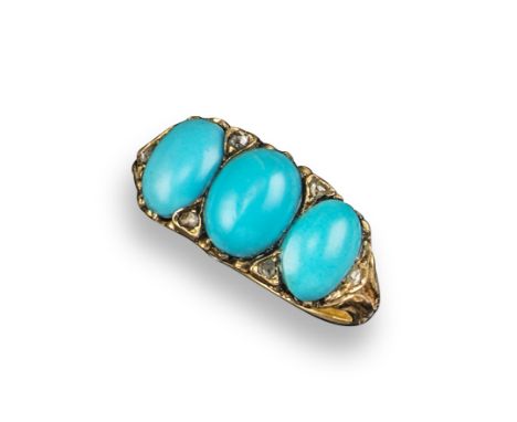 A 19th century turquoise and diamond three-stone ring, set with three oval-shaped turquoise cabochons, with diamond pointers 