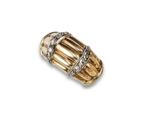 A fluted gold ring, separated with rose-cut diamonds in silver and yellow gold, French import marks, size O