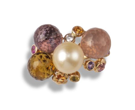 A 'Chanel Mademoiselle' gem-set gold ring, set with spherical faceted quartz and a cultured pearl, within a surround of vari-