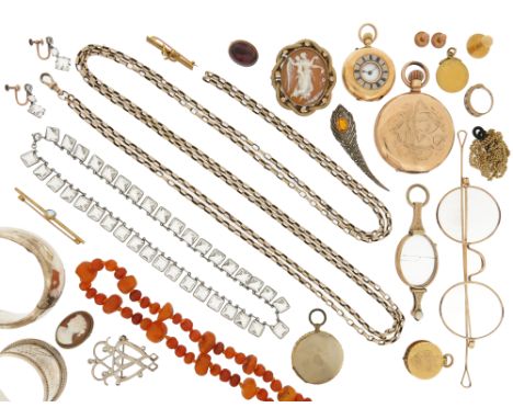 A mixed group of jewellery including two shell cameo brooches, a lady's gold fob watch, a pair of gold glasses and a gold lor