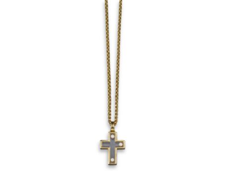 A 'Happy Diamonds' cruciform necklace by Chopard, the glazed cruciform pendant contains three loose rubover-set diamonds in g