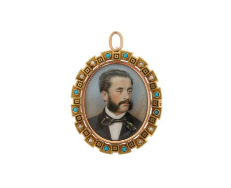 A Victorian portrait miniature of a gentleman, signed Albert Theer, 1868, within a turquoise and pearl surround decorated wit