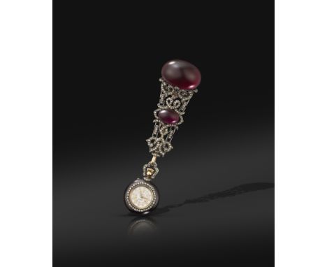 An unusual mid 19th century fob watch by LeRoy et Fils, the signed white enamel dial with gold Roman numerals and outer Arabi