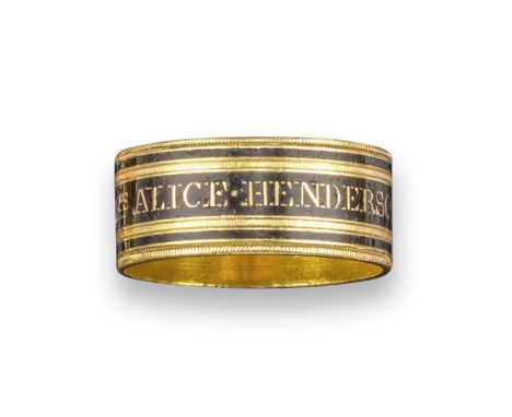 A George III enamel and gold mourning ring, with inscription for Alice Henderson dated 1817, London Hallmarks for 1816, size 