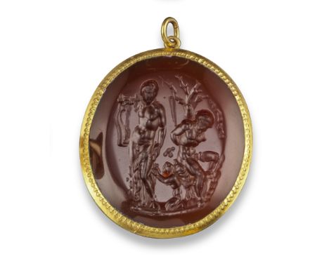 An impressive late 18th / early 19th century copy of the seal of Nero, the carnelian intaglio depicting a dramatic scene of t