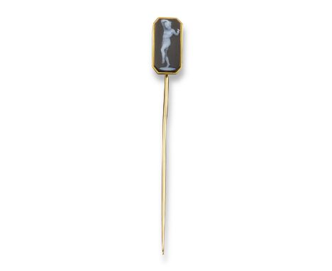 A 19th century French gold stick pin, mounted with an octagonal carved agate cameo depicting a dancing maiden scantily clad a