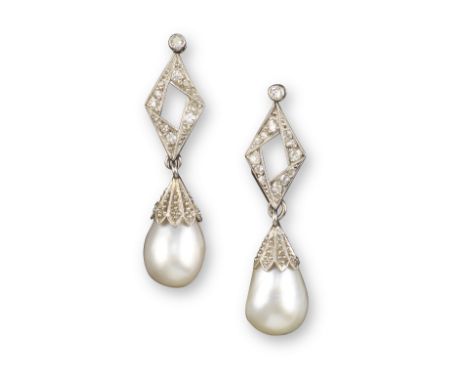 A pair of natural pearl and diamond drop earrings, the drop-shaped pearls with platinum caps, suspending from diamond-set ope