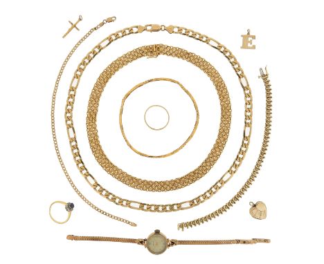 A quantity of jewellery, including a yellow gold mesh-link necklace, stamped 585, 39.5cm long, 17g. A yellow gold curb link n