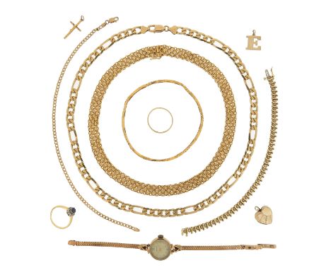 A quantity of jewellery, including a yellow gold mesh-link necklace, stamped 585, 39.5cm long, 17g. A yellow gold curb link n