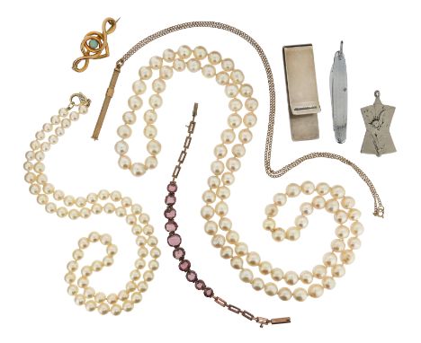 A mixed group of jewellery, including two cultured pearl necklaces, a silver money clip by Tiffany &amp; Co, a Victorian opal