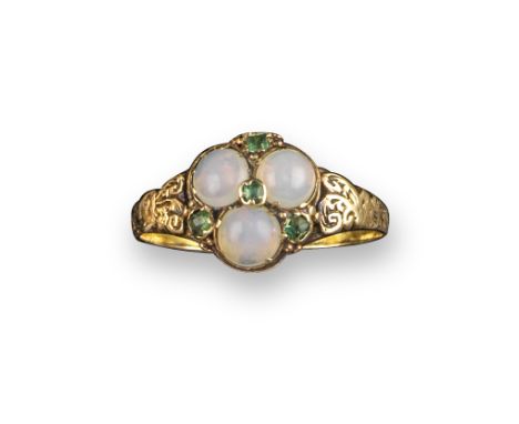 A 19th century opal and emerald cluster ring, set with a trefoil of opal cabochons and circular-cut emeralds, with scroll eng