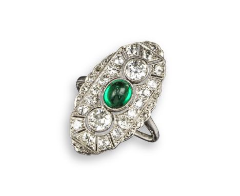 An Art Deco emerald and diamond ring, the navette-shaped ring centred with a cabochon-cut emerald and set with old circular-c