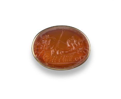A 19th century glass intaglio depicting Pluto kidnapping Proserpine in a quadriga, Pluto carrying a bident staff and with a s