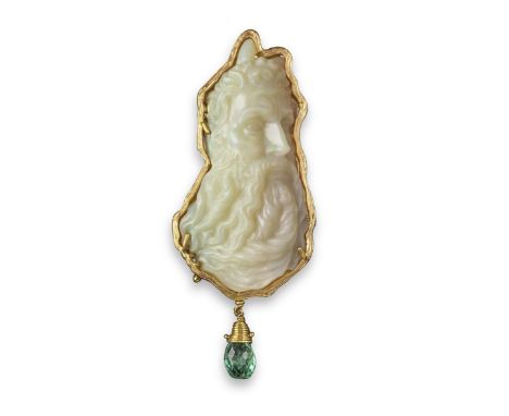 A 19th century opal cameo depicting Poseidon, probably by Wilhelm Schmidt, in a gold brooch pendant suspending a briolette-cu