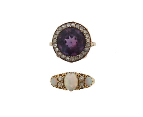 A Victorian amethyst and diamond cluster ring, set in gold, size M 1/2 and an opal and diamond half-hoop ring, set in gold, s