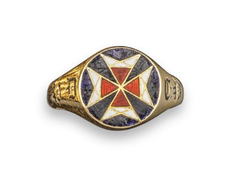 A 19th century gold and enamel ring, with polychrome enamel decoration depicting a Maltese Cross and HD EH to the shoulders, 