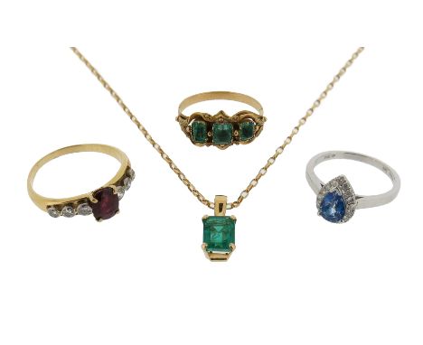 A 19th century emerald three stone ring, set in yellow gold, size P 1/2, case, with an emerald-cut emerald pendant set in yel