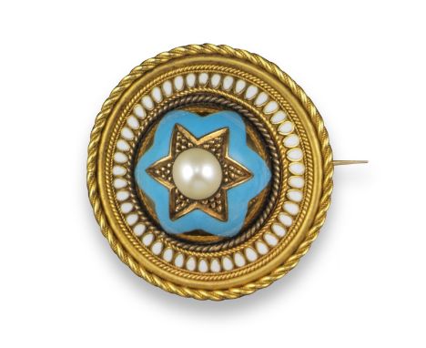 A Victorian enamel and pearl-set gold brooch, the domed circular brooch centred with a pearl with blue and white enamel and r