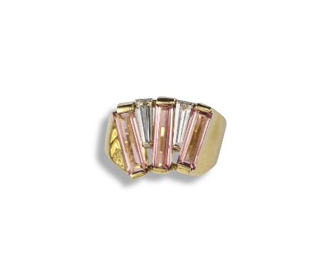 A tourmaline and diamond ring by Charles de Temple, set with baguette-cut pink tourmalines and diamonds in 18ct yellow gold, 