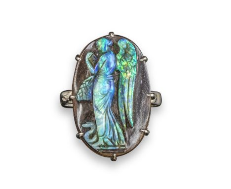 A late 19th / early 20th century boulder opal cameo, probably by Wilhelm Schmidt, depicting Nike with a serpent by her feet, 