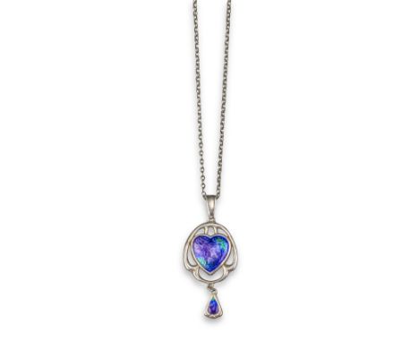 A silver and enamel pendant by Charles Horner,  centred with an enamel heart and suspending a silver and enamel drop, Chester