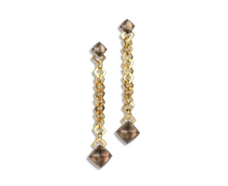 A pair of gold 'Pan di Zucchero' drop earrings by Vhernier, set with mother of pearl beneath sugarloaf smokey quartz, suspend