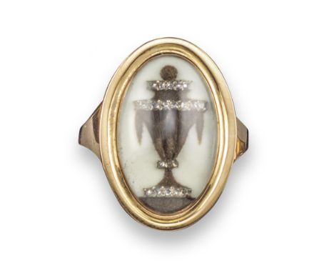 A George III diamond-set mourning ring, the urn formed with hair and set with rose-cut diamonds within glazed locket compartm