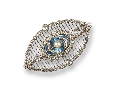 An enamel and diamond brooch, the central blue enamel plaque set with a pearl within diamond border, pierced linear surround 