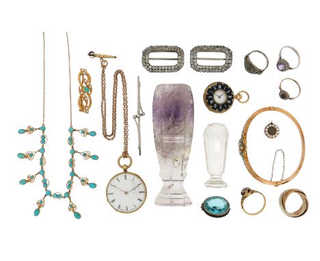 A mixed group of jewellery including a seed pearl and turquoise gold brooch, fitted case, a pair of paste buckles, fitted cas