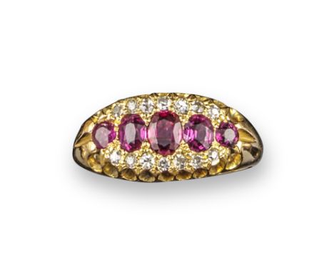 An Edwardian ruby and diamond half-hoop ring, set with oval-shaped rubies and circular-cut diamonds in yellow gold, stamped S