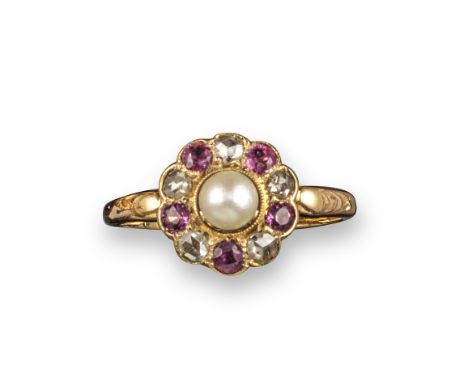 An Edwardian cultured pearl, ruby and diamond cluster ring, set with circular-cut rubies, rose-cut diamonds and centred with 