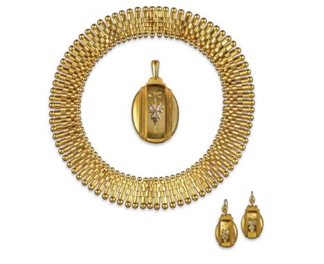 A Victorian gold parure, comprising an articulated gold collar necklace, 44cm long and a diamond-set gold locket pendant with