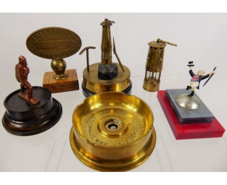 Miscellaneous Brass, including a Trench Art Ashtray, etched V.J 1945 together with a brass medallion 'The Guild of Master ' n
