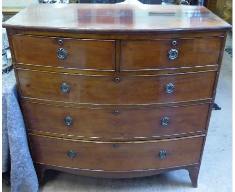 Antique Mahogany Bow-Fronted Chest of Drawers, two short drawers and three graduated long drawers, with Georgian ring pull ha