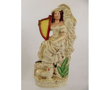 A 19th Century Flatback Spill Vase, titian-haired girl with harp, approx 33 cms