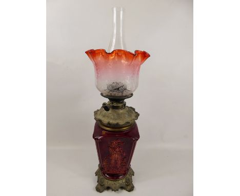 A Victorian Cranberry-Effect Oil Lamp, with etched glass shade, approx 50 cms