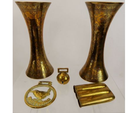 Miscellaneous Brass, including two Cairoware vases, small bell, name plaque depicting a robin and a brass cigar case together