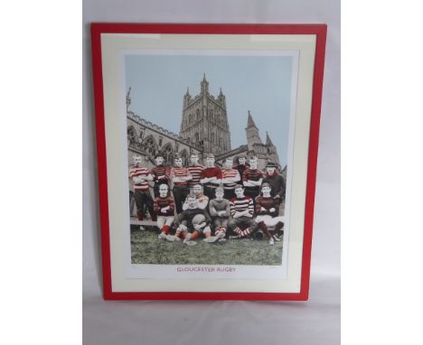A Photographic Print of the Gloucester Rugby Team, set against a backdrop of Gloucester Cathedral, nrd 4/250 and signed lower