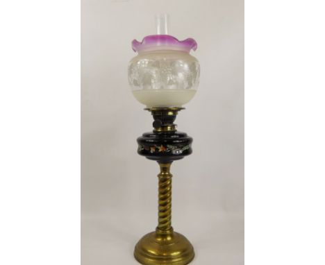 A Victorian Hand Painted Brass Oil Lamp, with cranberry-style etched glass shade, approx 67 cms.