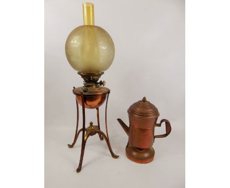 A Late 19th Century Copper Oil Lamp, on tripod base together with a vintage copper coffee percolator and brass chestnut roast