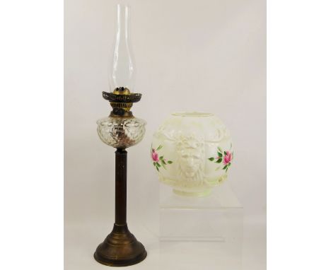 A Victorian Hand-Painted Corinthian Column Oil Lamp, the with lion moulding and hand painted flowers, approx 70 cms.