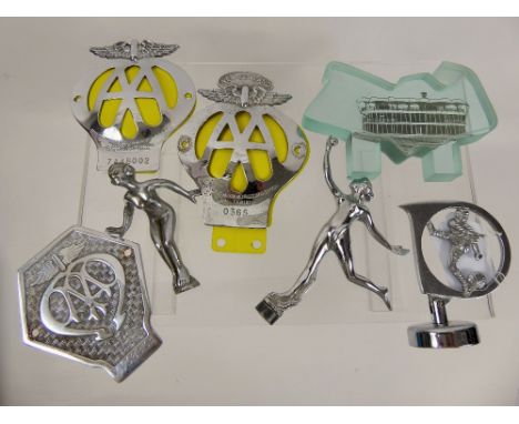 Vintage Enamel Car Association Badges, including AA 7A48002, New Zealand Automobile Club badge 0365, three chrome car mascots