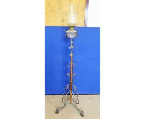 A Victorian Wrought Iron and Copper Telescopic Oil Lamp, approx 175 cms