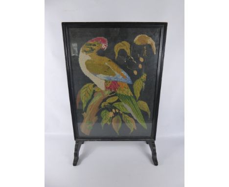 Two Vintage Glaze Fronted Fire Screens, one with floral tapestry and one with parrots, approx