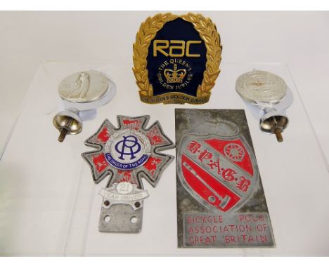 Vintage Automobile Club Badges, including RAC Queens Golden Jubilee 2002, Order of the Road 21 Year Driver, Bicycle Polo Asso
