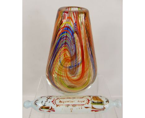 A Murano Style Multi-Coloured Tear Form Glass Vase, approx 30 cms h together with a Victorian glass rolling pin depicting a s