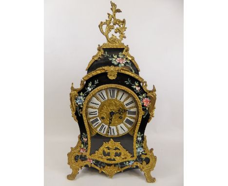 A German Hand Painted Mantel Clock, gilt brass face with white enamel dial Roman numerals, initialled EHS set within a clock 